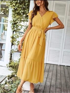 Prettygarden Butter Yellow Women’s Wrap Maxi Dress, Size XXL, EUC